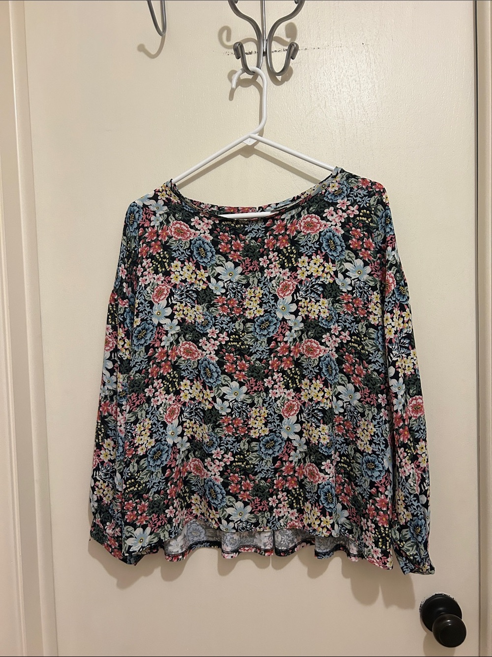 LOFT Black Floral Long-Sleeve Tee with Blue, Pink and Yellow Blooms